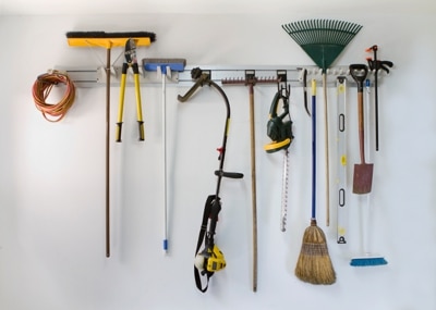 Garage tools organized on hanger