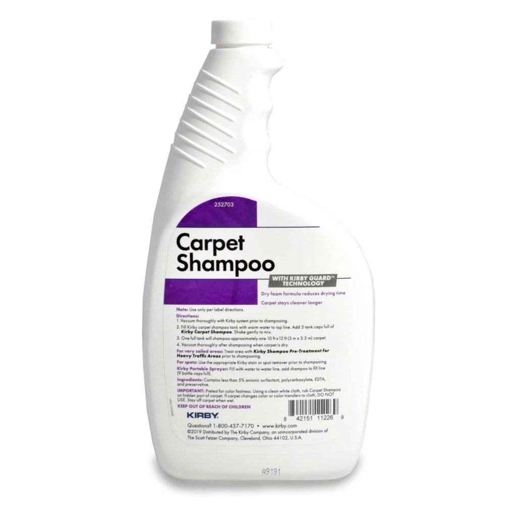 White Kirby Carpet Shampoo bottle with purple and black text, 32 oz.