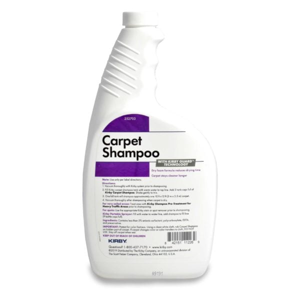 White Kirby Carpet Shampoo bottle with purple and black text, 32 oz.