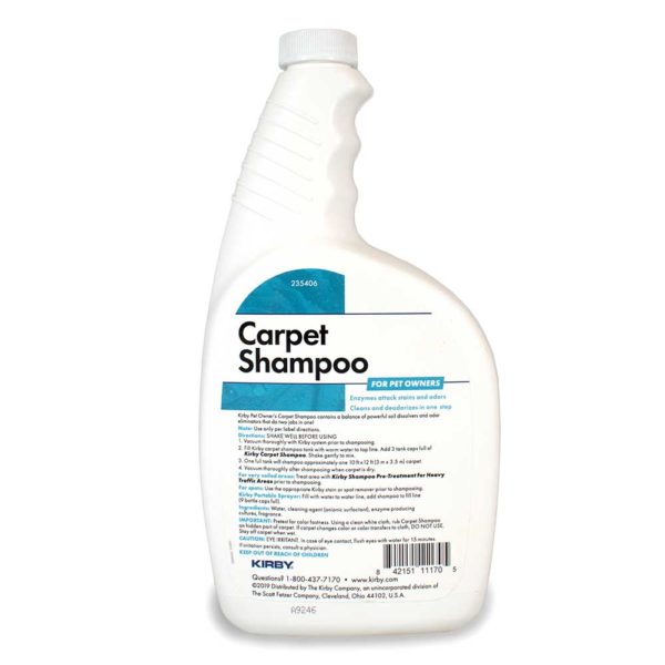White Kirby carpet shampoo bottle for pet owners, 32 oz.