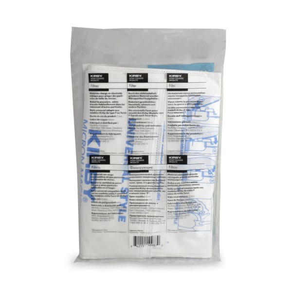 Kirby vacuum filter pack, white with blue and black text, in clear packaging.