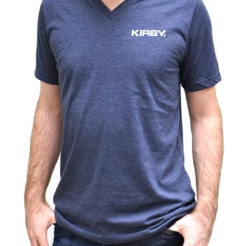 Man wearing a light blue Kirby V-neck T-shirt.