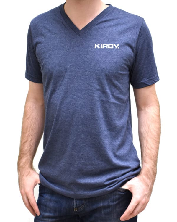 Man wearing a light blue Kirby V-neck T-shirt.