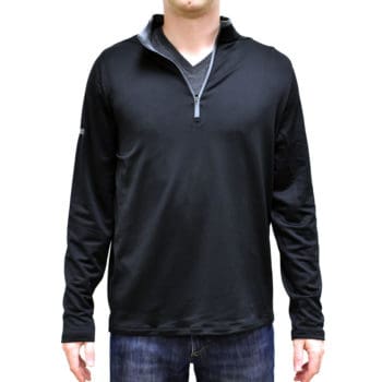 Man wearing a black quarter-zip pullover with a gray inner collar.