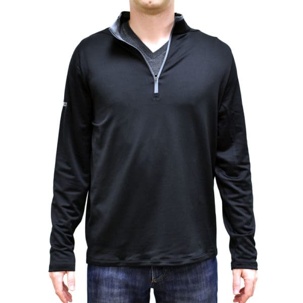 Man wearing a black quarter-zip pullover with a gray inner collar.
